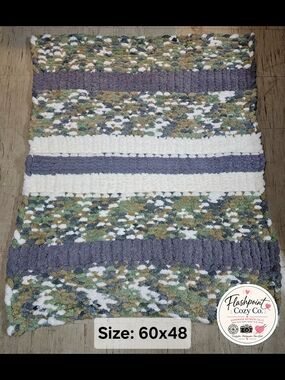 Hand Knitted Green, Gray & Cream Chunky Throw Blanket